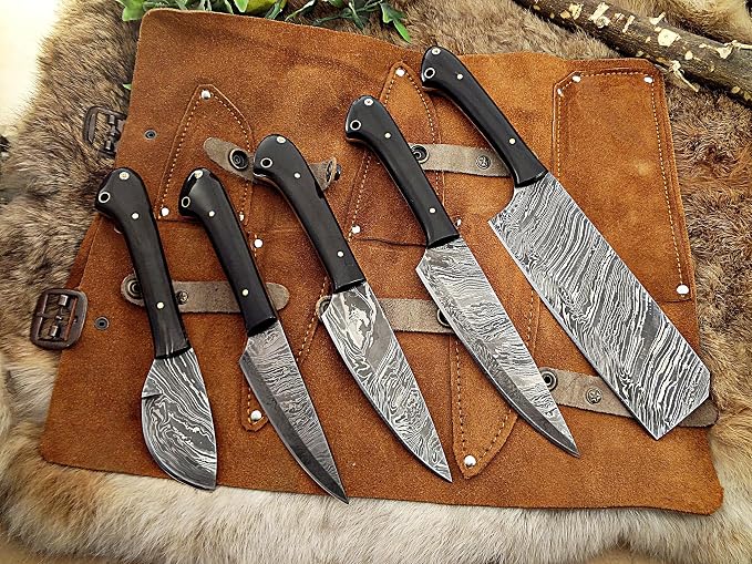 Custom made hand forged Damascus steel full tang blade kitchen knife set, Overall 45 inches Length of Damascus sharp knives (10.6+9.6+9.0+8.0+7.6) Inches, Leather suede sheath (Bull horn)