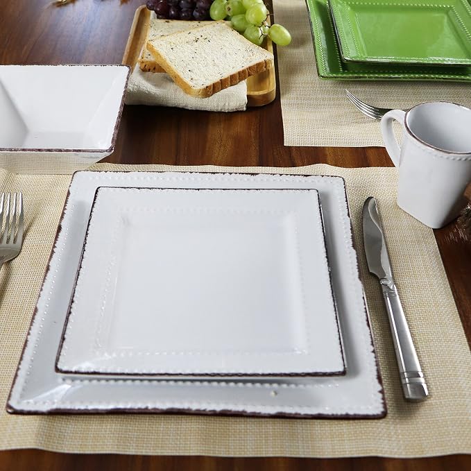 16 Piece Square Beaded Stoneware Dinnerware set by Lorren Home Trends, White