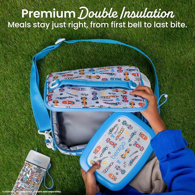 Bentgo Kids Prints Lunch Bag - Double-Insulated, Reusable, for Kids 3+, Adjustable Strap; Holds Lunch Box/Water Bottle/Snacks; Easy-Clean, Water-Resistant, Pockets (NEW Race Cars)