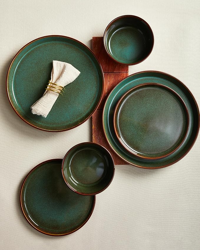 Pokini Plates and Bowls Sets for 4, Ceramic Dinnerware Sets, Kitchen Dish Set, Microwave & Dishwasher Safe Dishware, Highly Durable Hand Glazed Dinner Set, Brown Green
