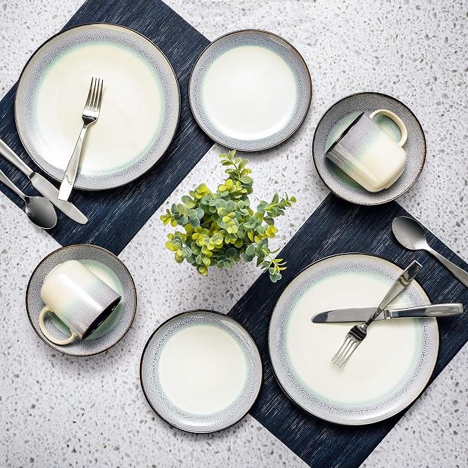 Gibson Elite Rings of Saturn Round Reactive Glaze Stoneware Dinnerware Set, Service for Four (16pcs), Teal Blue