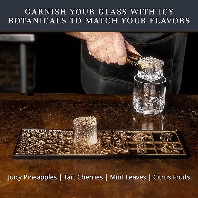 Clear Ice Cube Maker Design Tray - Craft Modern Ice Molds for Bourbon & Cocktails in 5 Seconds - Whiskey Mold Cube Stamp – Bartender Accessories - Copper Ice Press Cocktails by Ash Harbor (Botanicals)
