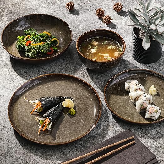Gibson Elite Edwina 16-Piece Double Bowl Dinnerware Set, Service for 4 – Dark Green Stoneware Plates and Bowls