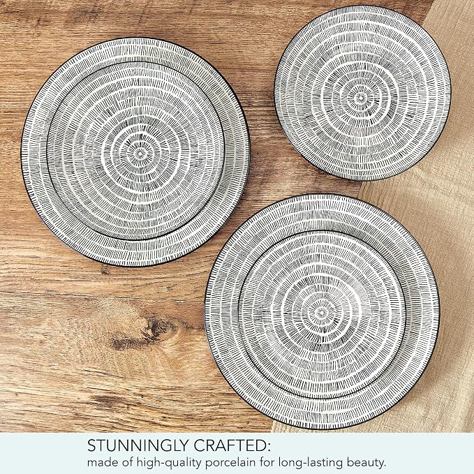 Pfaltzgraff Sketch Serenade Geometric 12 Piece Plates Bowls Dinnerware Set, Black and White