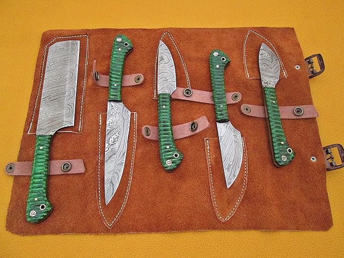 Custom made hand forged Damascus steel full tang blade kitchen knife set, Overall 40 inches Length of Damascus sharp knives (10.6+9.6+9.0+8.0+7.6) Inches, Leather suede sheath (Jigged Green)