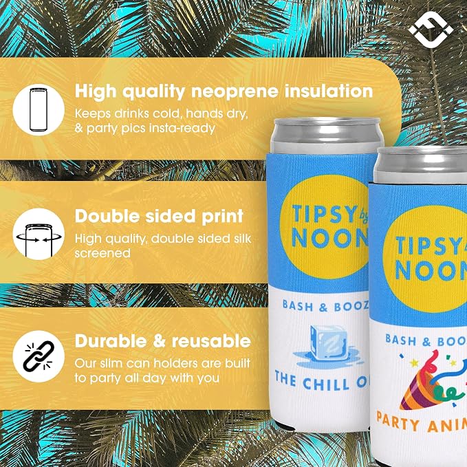 Funky Junque Bachelorette Party Favors Slim Can Cooler, Funny Bridesmaid & Bride Gifts for Girls Trip, Bridal Shower Decorations & Accessories, 12 oz Skinny Can Covers - Tipsy by Noon - 8 Pack