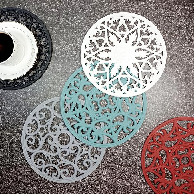 Silicone Trivet Mat-Trivets for Hot Dishes, Table, Countertop, Non-Slip Heat Resistant Modern Kitchen Teapot Trivet-Flexible Round Pads Mats, Multi-Use Intricately Carved Pad Mat of 6 Wine Red
