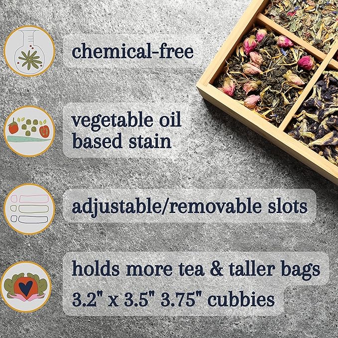 Bamboo Tea Organizer Box Chemical Free Eco-Friendly Big, Tall, Adjustable Cubbies Natural Wooden Storage Chest (4-Slot Square 7.4" x 8.1" x 4.2" Tea Time)
