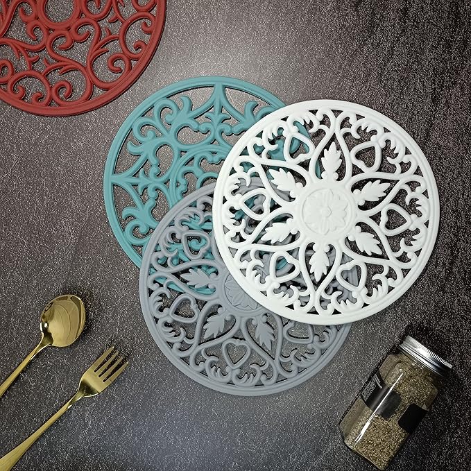 Silicone Trivets for Hot Dishes Modern, Trivets for Hot Pots and Pans, Silicone Hot Pads for Kitchen, Round Pot Holders 6 Pack Black, Multi-Use Intricately Carved Mats