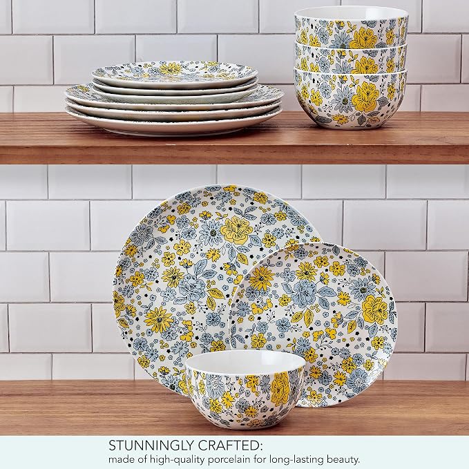 Pfaltzgtraff Vibrant Garden 12 Piece Floral Stoneware Dinnerware Plate Bowl Dish Set, Service for 4