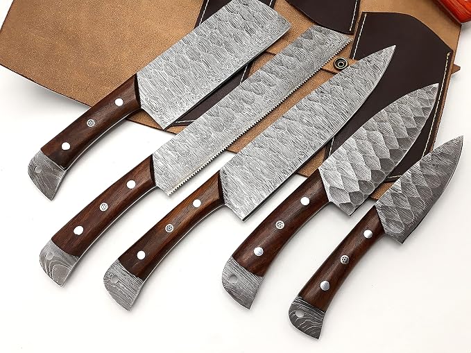 Nooraki Kitchen Handmade Damascus Knife Set 5 Pieces Full Tang Rosewood Handle, Chef, Butcher, Bread, Paring, Skinning Knives Set Everyday Use With Leather Bag