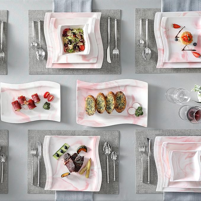 MALACASA Plates and Bowls Sets, 26 Pieces Pink Dinnerware Sets for 6, Porcelain Dinnerware Set with Dinner Plates and Bowls, Serving Platters, Square Dishware Sets, Modern Dish Set, Series Flora
