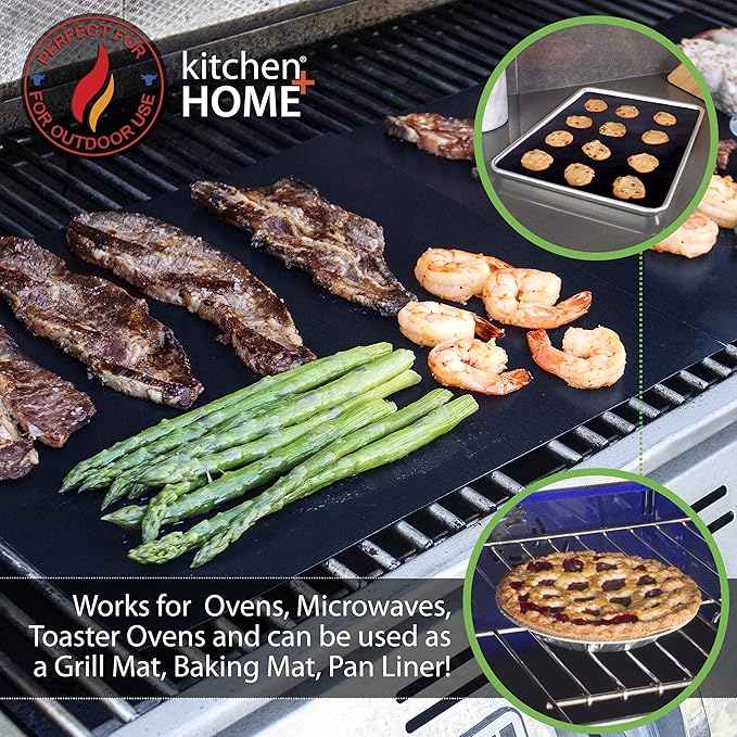 Kitchen + Home Oven Liner Set of 4 – Large Heavy Duty PFOA & BPA Free – Non-stick Reusable Oven Liner for Gas, Electric & Microwave Ovens – Works as Baking Mat & Grill Mat