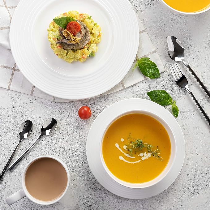 Divitis Home Infinity bone china dinnerware set - 16 piece round dinnerware set, includes soup bowls, dinner plates and salad plates