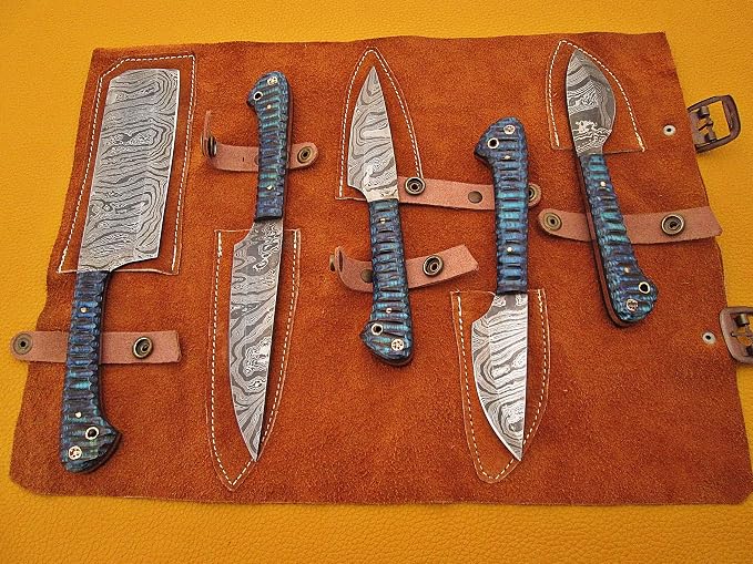 Custom made hand forged Damascus steel full tang blade kitchen knife set, Overall 45 inches Length of Damascus sharp knives (10.6+9.6+9.0+8.0+7.6) Inches, Leather suede sheath (Blue Jigged)
