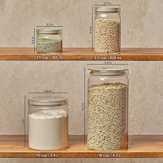 Pyrex 4-Pack Glass Canister Set - Lightweight Dry Food Storage Containers with Glass Lids for Kitchen and Pantry Organization