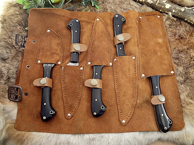 Custom made hand forged Damascus steel full tang blade kitchen knife set, Overall 45 inches Length of Damascus sharp knives (10.6+9.6+9.0+8.0+7.6) Inches, Leather suede sheath (Bull horn)