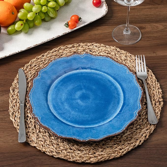 LEHAHA 12 Piece Rustic Farmhouse Luxury Melamine Dinnerware Sets, Thick Unbreakable but Lightweight Plates and Bowls Set, Vintage Spring and Summer Camping Dishes Set, Dishwasher Safe, blue