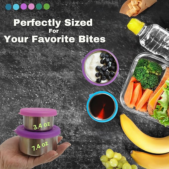 Alpine Elevation 12-Piece Stainless Steel Snack Dip Condiment Containers Set | 3 x 7.4 oz and 3 x 3.4 oz with Silicone Lids | Reusable Leakproof Food Storage Containers for Lunch Meal Prep and Travel