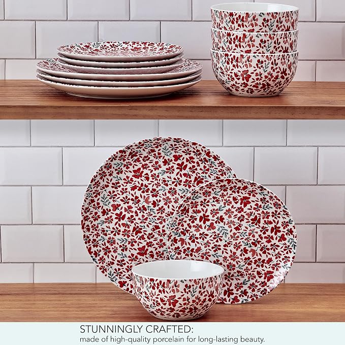 Pfaltzgraff Radiant Blossom 12 Piece Floral Stoneware Dinnerware Plate Bowl Dish Set, Service for 4, Red