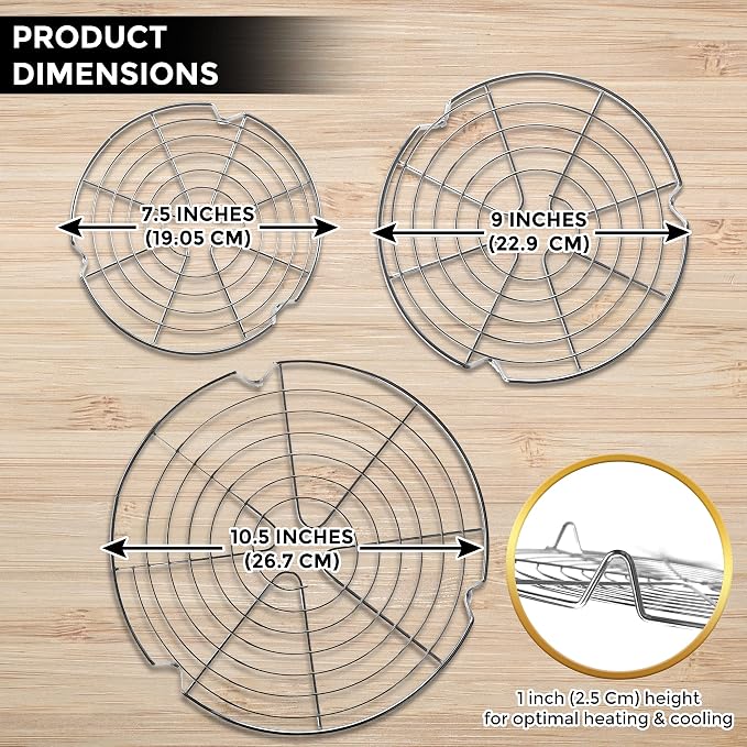 KITCHENATICS Round Cooling Rack Stainless Steel Steamer Rack Set of 3 | Used for steaming, canning, cooling cakes and lining air fryer or pressure cooker baskets for cooking