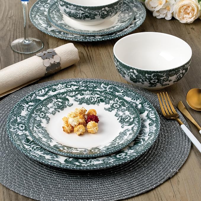 Montana 12-Piece Chip-Resistant Porcelain Dinnerware Set – Service for 4 | Reinforced Scratch-Shield Glaze | Large 25oz Deep Bowls | Elegant Green Floral Border | Dishwasher, Microwave, & Oven Safe
