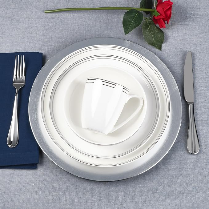 Everyday White by Fitz and Floyd Nevaeh Bone China Coupe Platinum Bands Dinnerware Set, Service for 4