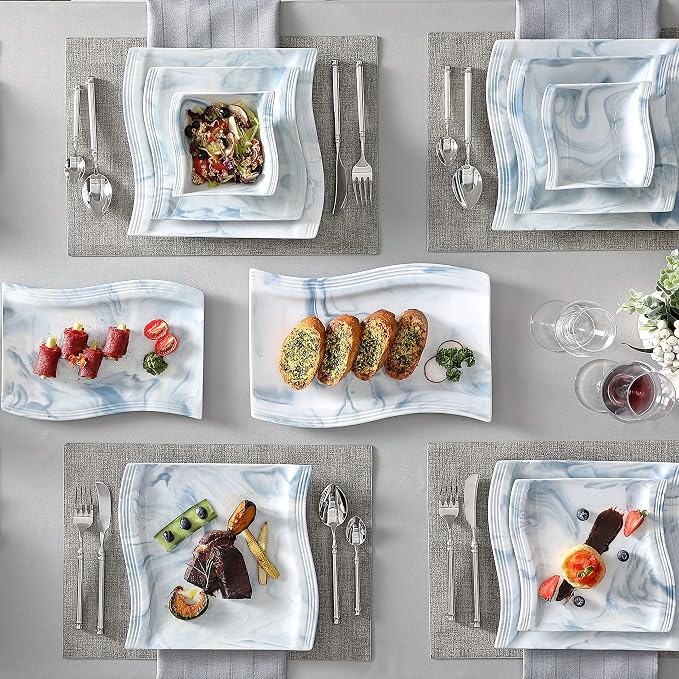 MALACASA Plates and Bowls Sets, 26 Piece Blue Dinnerware Sets for 6, Porcelain Dinner Set with Set, Dishes, Cereal Serving Platters, Kitchen Plate Bowl Series FLORA, 26 Piece(Service for 6)