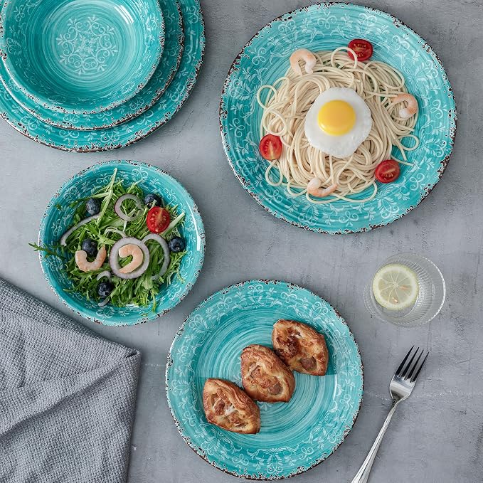 LEHAHA Luxury Thicker but lightweight 100% melamine dinnerware set, set of 4, Unbreakable Farmhouse plates and bowl dishes set, Elegant Scalloped rim dinner serving plate sets. Dishwasher Safe, Teal