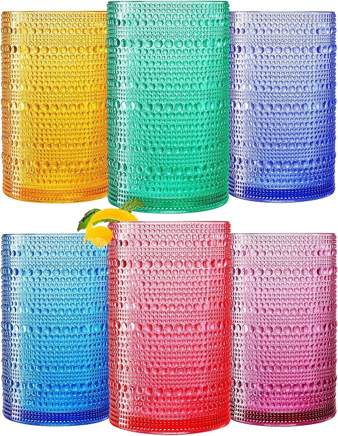 Khen Plastic Hobnail Drinking Highball Glasses Set of 6 Bright Tones Cups 14oz, Shatterproof & Unbreakable Acrylic Beaded Design, BPA-Free, Dishwasher Safe Indoor/Outdoor Drinkware Water, Cocktails
