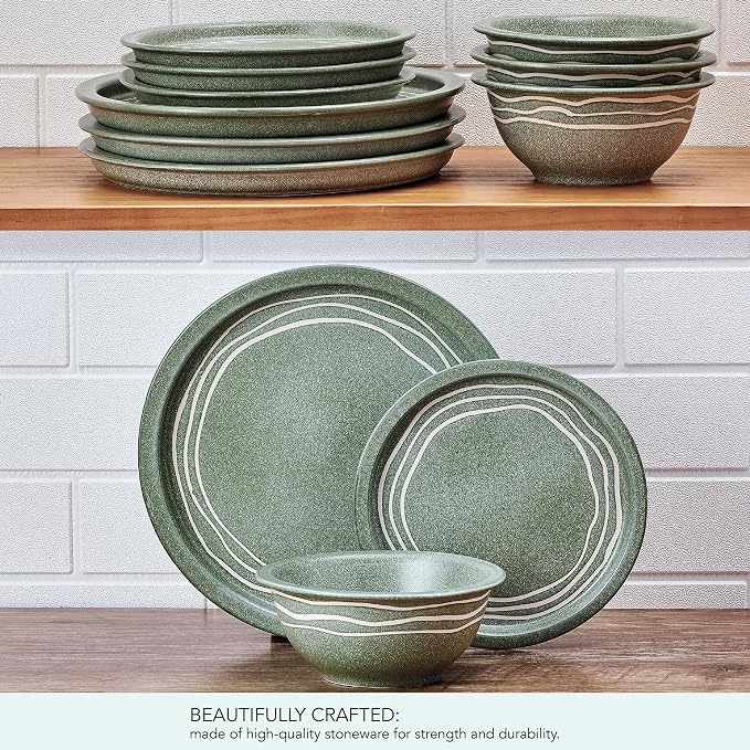 Pfaltzgraff Nature's Pallet 12 Piece Stoneware Dinnerware Set, Service for 4, Modern Style, High Rims for Everyday use, Green