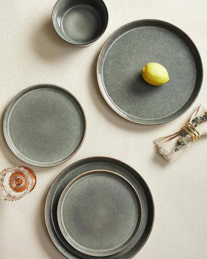 Pokini Dinnerware Sets, Microwave Safe Plates and Bowls Sets, Dishes Set for 8, Chip & Scratch Resistant Dinner Set, Handcrafted Farmhouse Dishware Sets, Green Wheat