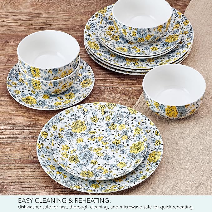 Pfaltzgtraff Vibrant Garden 12 Piece Floral Stoneware Dinnerware Plate Bowl Dish Set, Service for 4