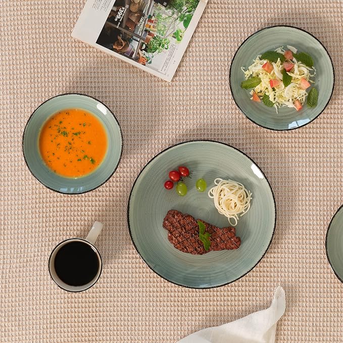 Rimmed Dinnerware Set | Mugs, Salad and Dinner Plates and Bowls Sets, Dishes with Highly Chip and Crack Resistant, Dishwasher and Microwave Safe (Green, Service For 8)