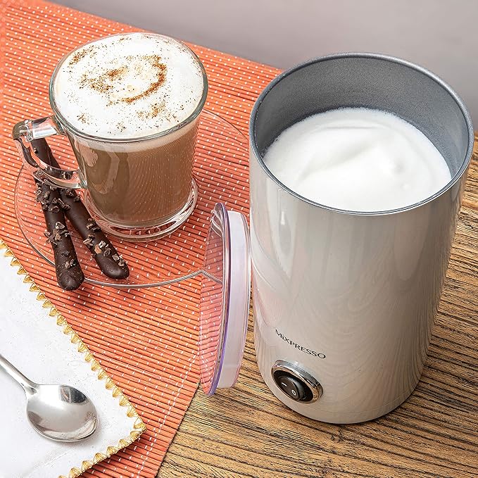 Mixpresso Electric Milk Frother, Stainless Steel Milk Steamer & Milk Warmer, Automatic Shutoff, Non-Stick Interior, Cool Touch, 9.4 oz/6.0oz Capacity, White Electric Frother