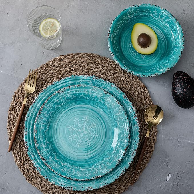 LEHAHA Luxury Thicker but lightweight 100% melamine dinnerware set, set of 4, Unbreakable Farmhouse plates and bowl dishes set, Elegant Scalloped rim dinner serving plate sets. Dishwasher Safe, Teal