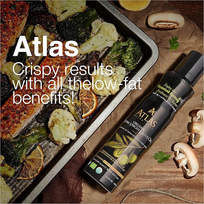 Olive Oil Spray by Atlas, Dual Function Olive Oil Cooking Spray and Stream, 5.4 fl oz, Extra Virgin, Non Stick, Cold Pressed, Polyphenol Rich, Organic Moroccan EVOO, Hydroxytyrosol, Keto