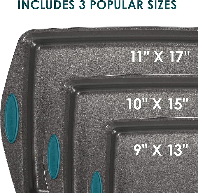 Rachael Ray Nonstick Bakeware Cookie Pan Set, 3-Piece, Gray with Marine Blue Silicone Grips