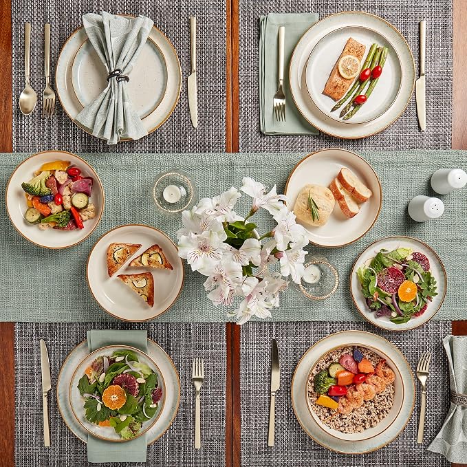 Tabletops Gallery Speckled Farmhouse Collection- Stoneware Dishes Service for 4 Dinner Salad Appetizer Dessert Plate Bowls, 12 Piece Hanover Dinnerware Set in Teal