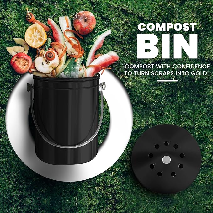 Utopia Kitchen Compost Bin for Kitchen Countertop, 1.3 Gallon Compost Bucket for Kitchen with Lid, Includes 1 Spare Charcoal Filter (Black)