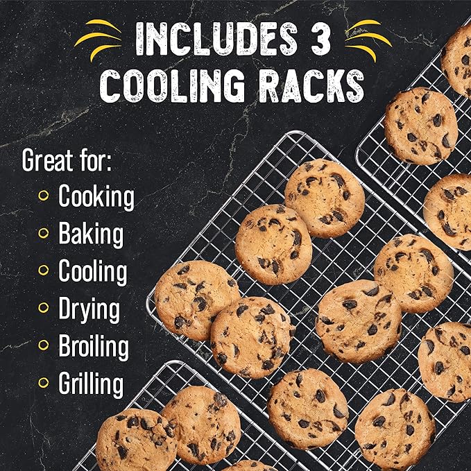 Checkered Chef Cooling Rack, Set of 3, Stainless Steel | Grid Wire Design, Oven Safe, Dishwasher Safe, For Cooking and Baking