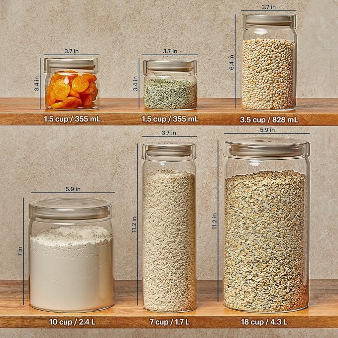 Pyrex 6-Pack Glass Canister Set - Lightweight Dry Food Storage Containers with Glass Lids for Kitchen and Pantry Organization