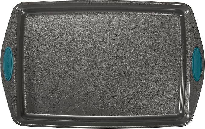 Rachael Ray Nonstick Bakeware Cookie Pan Set, 3-Piece, Gray with Marine Blue Silicone Grips