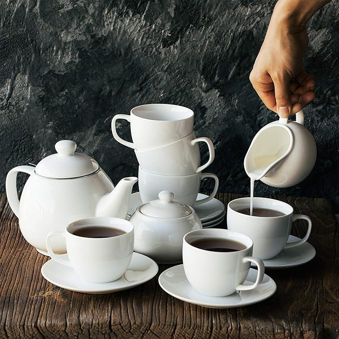 BTaT Royal Tea Set - 4 Porcelain Tea Cups (8oz), Pot (32oz), Creamer & Sugar Set
