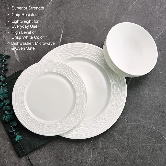 Mikasa Haven Bone China Lightweight Chip Resistant 12 Piece Dinnerware Set, Service for 4 White