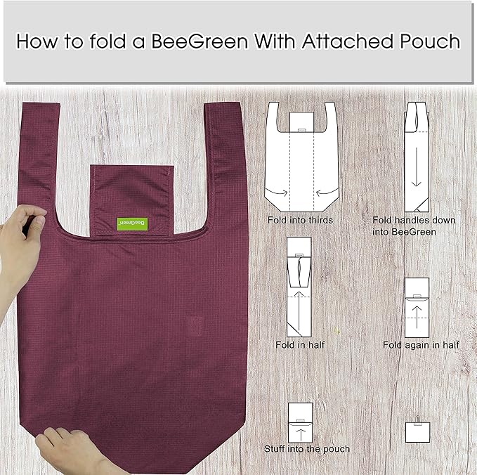 BeeGreen Burgundy Reusable Grocery Bags with Zipper Storage Pouch 10 Packs Wine Red Reusable Shopping Bags Bulk Foldable-Machine Washable