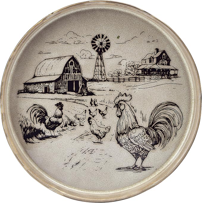 Pfaltzgraff Farmyard Rooster 12 Piece Farmhouse Style Dinnerware Set, Service for 4, Plate Bowl with High Rims, Rustic Design, Brown Black