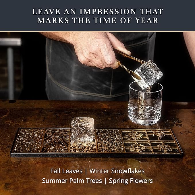 Clear Ice Cube Maker Design Tray - Craft Modern Ice Molds for Bourbon & Cocktails in 5 Seconds - Whiskey Mold Cube Stamp – Bartender Accessories - Copper Ice Press Cocktails by Ash Harbor (Seasons)
