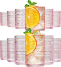 Khen Hobnail Beaded Highball Drinking Tumbler Glasses | Set of 12 | Pink Blush Color, Vintage Bubble Design Whiskey Glassware, Old-Fashioned, Embossed Design for Water, Wine, Cocktail, Rocks Glass