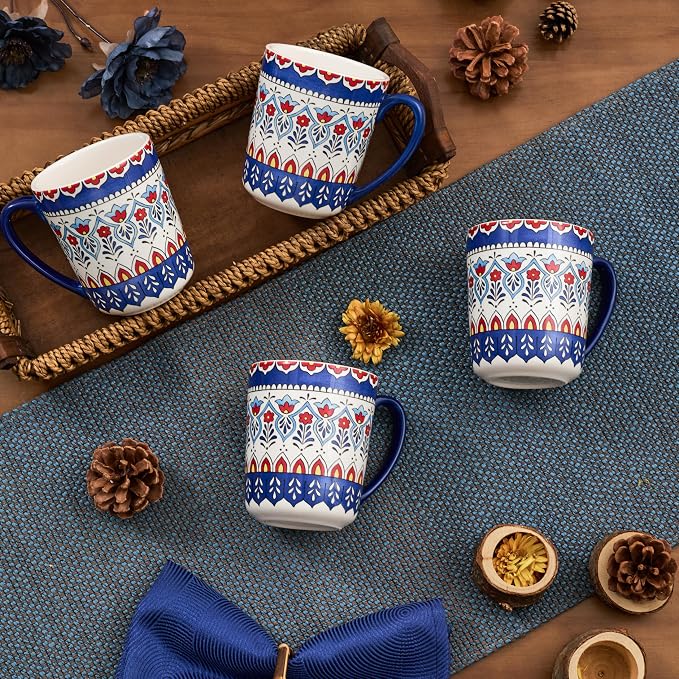 Bico Boho Totem Ceramic Coffee Mugs Set of 4, 16 oz Large Tea Cups with Handle, Aesthetic Latte Mugs for Cappuccino Cocoa, Lead-Free, Dishwasher and Microwave Safe, Housewarming Gift
